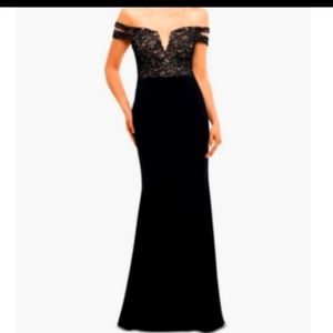 X by XSCAPE OFF THE SHOULDER DOUBLE-STRAP GOWN